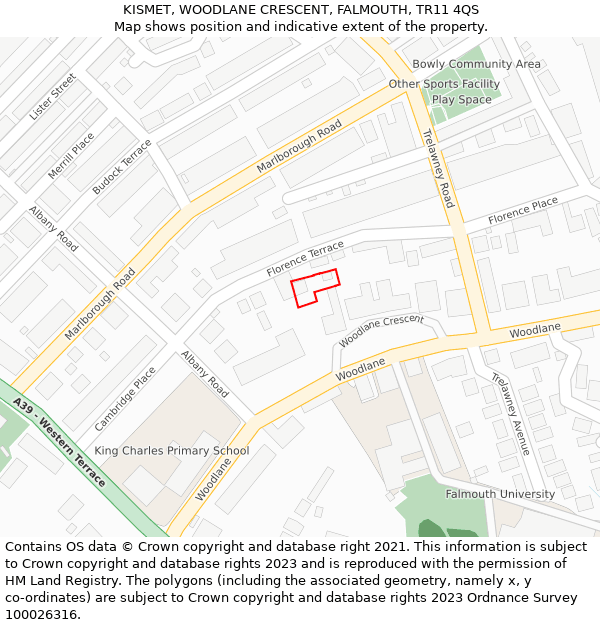 KISMET, WOODLANE CRESCENT, FALMOUTH, TR11 4QS: Location map and indicative extent of plot