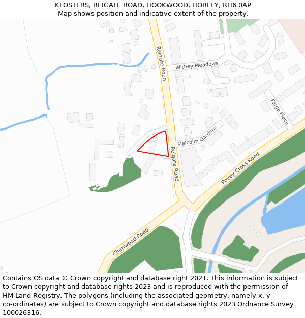 KLOSTERS, REIGATE ROAD, HOOKWOOD, HORLEY, RH6 0AP: Location map and indicative extent of plot