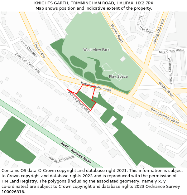 KNIGHTS GARTH, TRIMMINGHAM ROAD, HALIFAX, HX2 7PX: Location map and indicative extent of plot