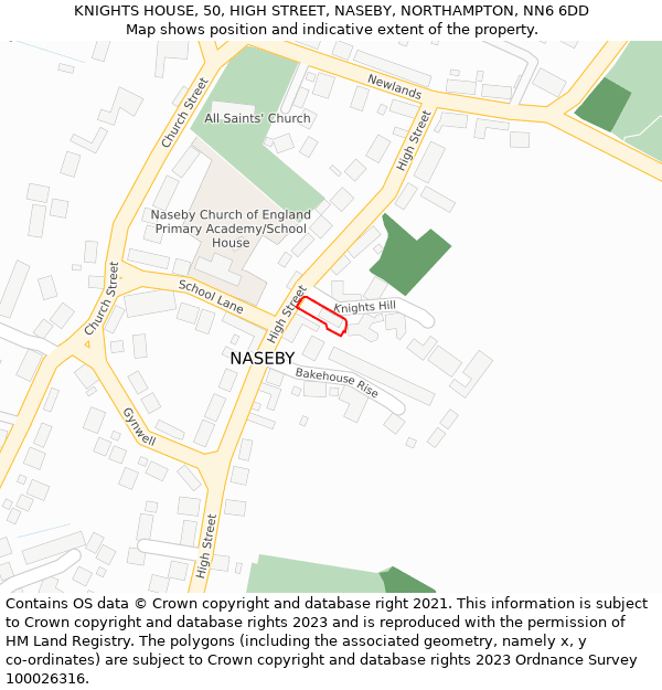 KNIGHTS HOUSE, 50, HIGH STREET, NASEBY, NORTHAMPTON, NN6 6DD: Location map and indicative extent of plot