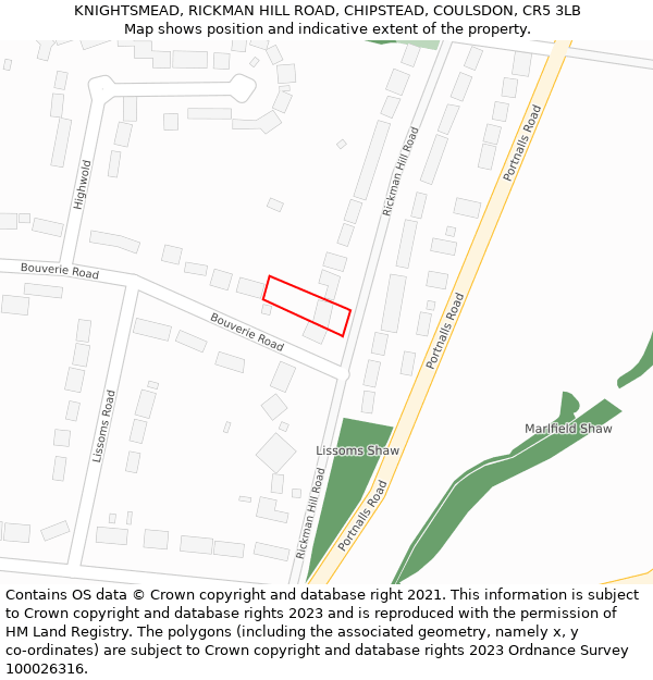 KNIGHTSMEAD, RICKMAN HILL ROAD, CHIPSTEAD, COULSDON, CR5 3LB: Location map and indicative extent of plot