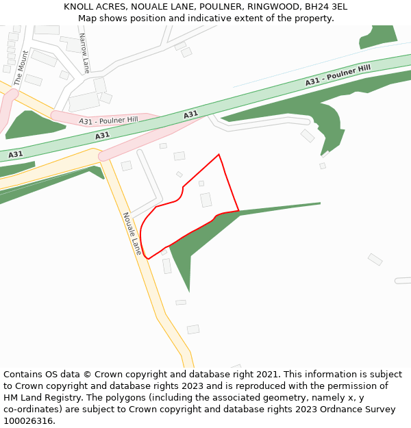KNOLL ACRES, NOUALE LANE, POULNER, RINGWOOD, BH24 3EL: Location map and indicative extent of plot