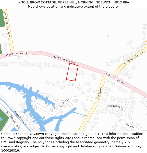 KNOLL BROW COTTAGE, ROPES HILL, HORNING, NORWICH, NR12 8PA: Location map and indicative extent of plot
