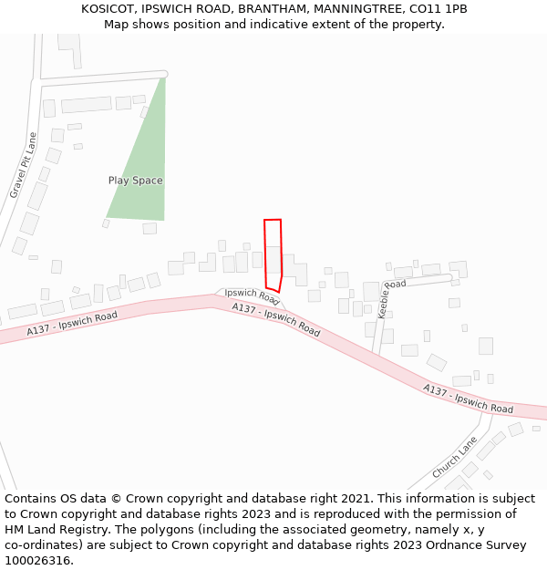 KOSICOT, IPSWICH ROAD, BRANTHAM, MANNINGTREE, CO11 1PB: Location map and indicative extent of plot