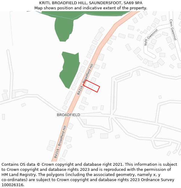 KRITI, BROADFIELD HILL, SAUNDERSFOOT, SA69 9PA: Location map and indicative extent of plot