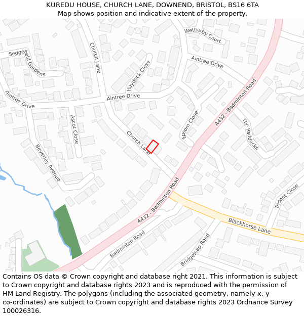 KUREDU HOUSE, CHURCH LANE, DOWNEND, BRISTOL, BS16 6TA: Location map and indicative extent of plot