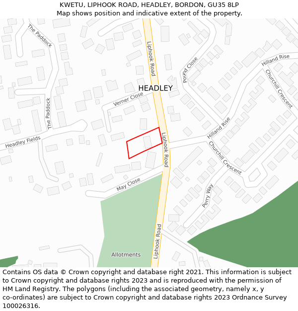 KWETU, LIPHOOK ROAD, HEADLEY, BORDON, GU35 8LP: Location map and indicative extent of plot