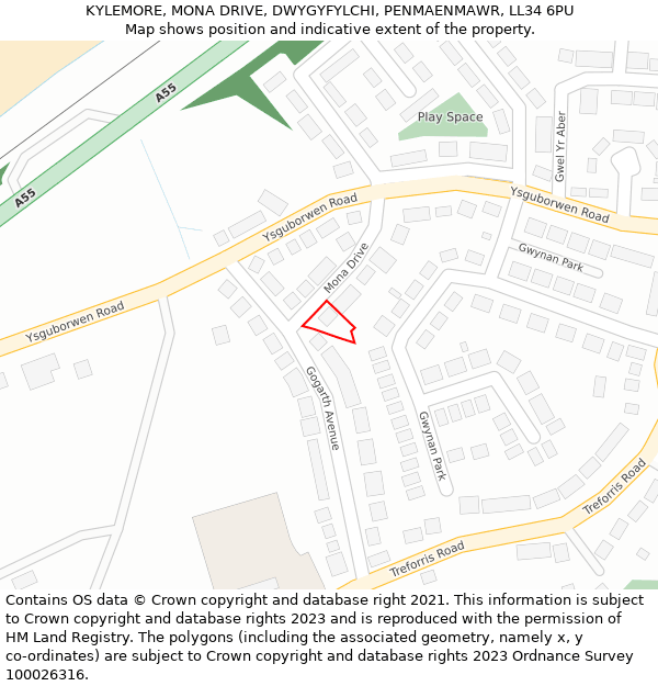 KYLEMORE, MONA DRIVE, DWYGYFYLCHI, PENMAENMAWR, LL34 6PU: Location map and indicative extent of plot