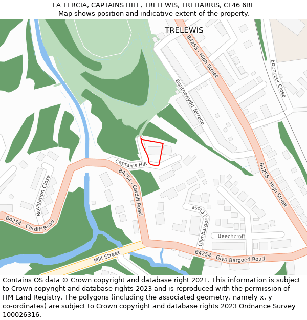 LA TERCIA, CAPTAINS HILL, TRELEWIS, TREHARRIS, CF46 6BL: Location map and indicative extent of plot