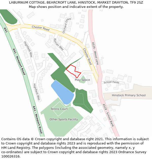 LABURNUM COTTAGE, BEARCROFT LANE, HINSTOCK, MARKET DRAYTON, TF9 2SZ: Location map and indicative extent of plot