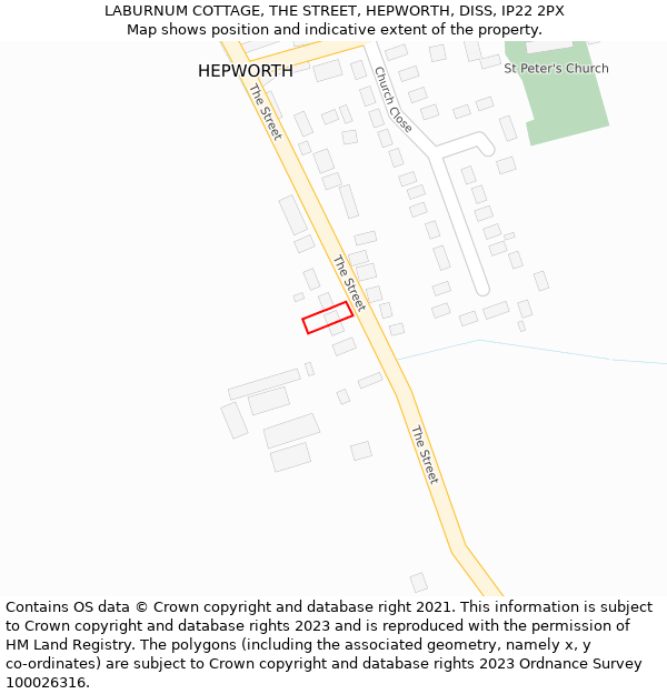 LABURNUM COTTAGE, THE STREET, HEPWORTH, DISS, IP22 2PX: Location map and indicative extent of plot