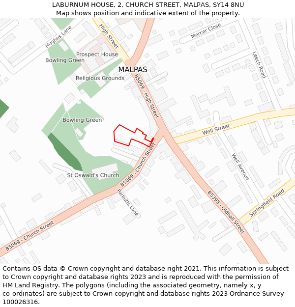 LABURNUM HOUSE, 2, CHURCH STREET, MALPAS, SY14 8NU: Location map and indicative extent of plot