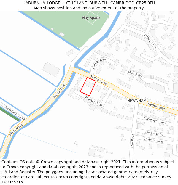 LABURNUM LODGE, HYTHE LANE, BURWELL, CAMBRIDGE, CB25 0EH: Location map and indicative extent of plot