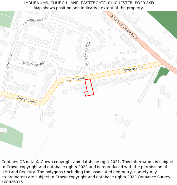 LABURNUMS, CHURCH LANE, EASTERGATE, CHICHESTER, PO20 3XD: Location map and indicative extent of plot