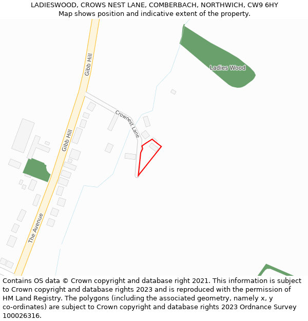 LADIESWOOD, CROWS NEST LANE, COMBERBACH, NORTHWICH, CW9 6HY: Location map and indicative extent of plot