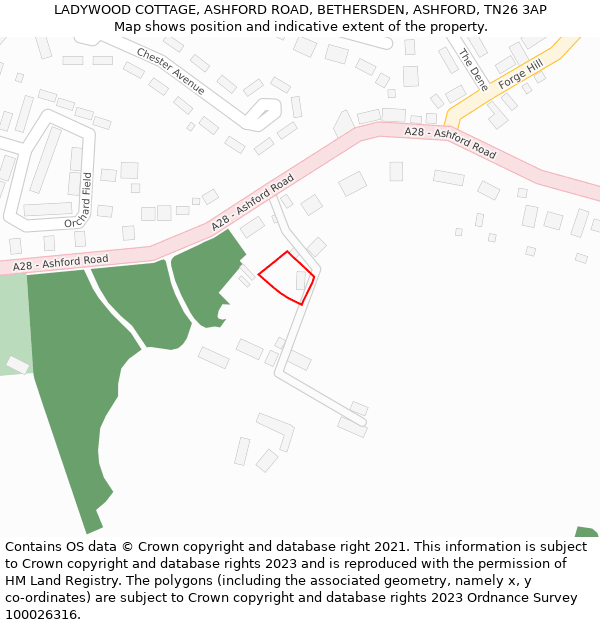 LADYWOOD COTTAGE, ASHFORD ROAD, BETHERSDEN, ASHFORD, TN26 3AP: Location map and indicative extent of plot