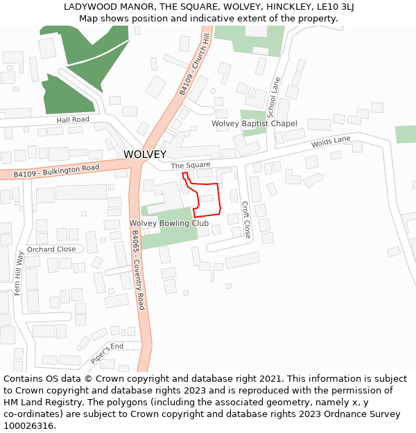 LADYWOOD MANOR, THE SQUARE, WOLVEY, HINCKLEY, LE10 3LJ: Location map and indicative extent of plot