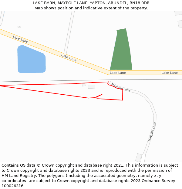 LAKE BARN, MAYPOLE LANE, YAPTON, ARUNDEL, BN18 0DR: Location map and indicative extent of plot