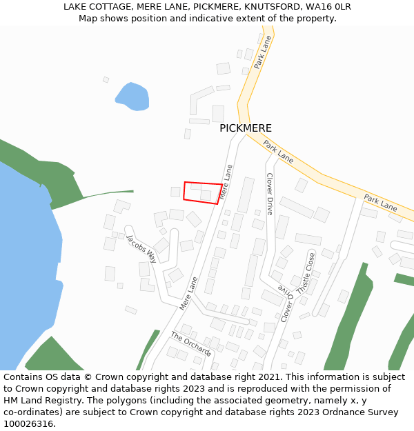 LAKE COTTAGE, MERE LANE, PICKMERE, KNUTSFORD, WA16 0LR: Location map and indicative extent of plot