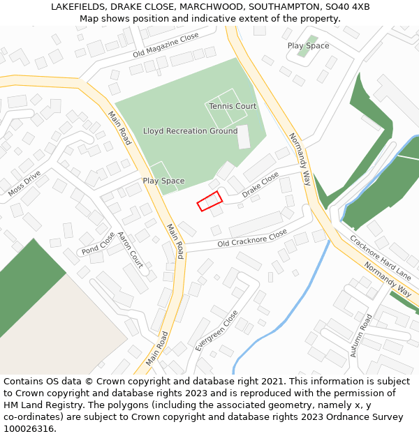 LAKEFIELDS, DRAKE CLOSE, MARCHWOOD, SOUTHAMPTON, SO40 4XB: Location map and indicative extent of plot