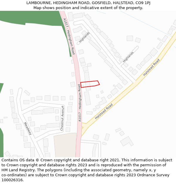 LAMBOURNE, HEDINGHAM ROAD, GOSFIELD, HALSTEAD, CO9 1PJ: Location map and indicative extent of plot