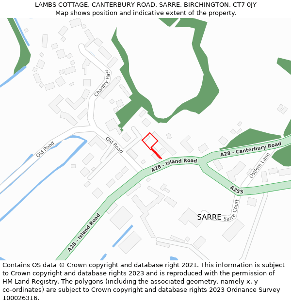 LAMBS COTTAGE, CANTERBURY ROAD, SARRE, BIRCHINGTON, CT7 0JY: Location map and indicative extent of plot