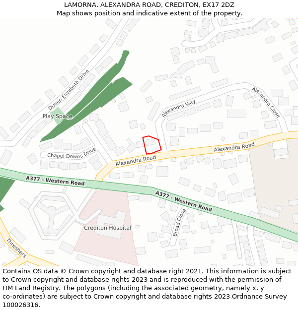 LAMORNA, ALEXANDRA ROAD, CREDITON, EX17 2DZ: Location map and indicative extent of plot