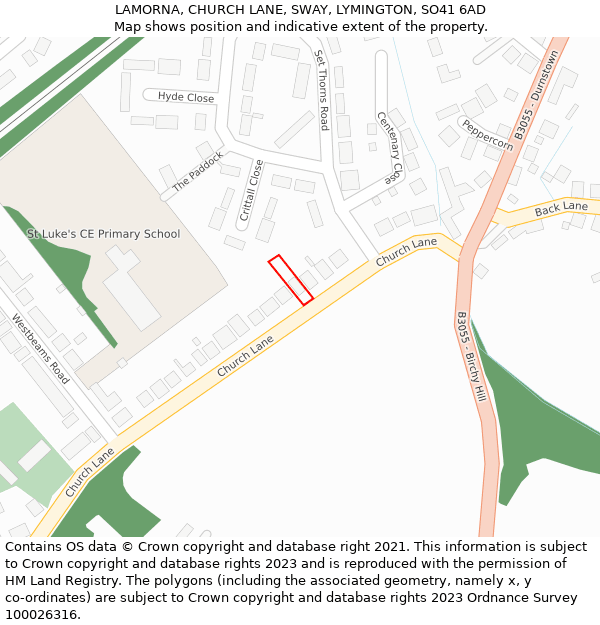 LAMORNA, CHURCH LANE, SWAY, LYMINGTON, SO41 6AD: Location map and indicative extent of plot