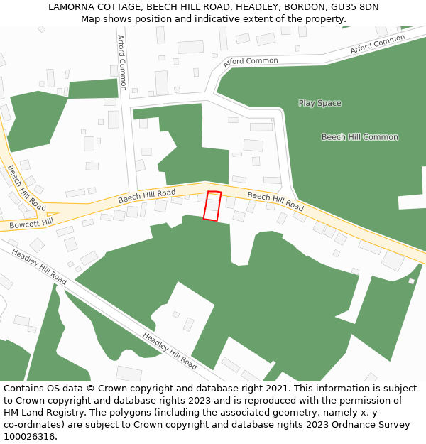 LAMORNA COTTAGE, BEECH HILL ROAD, HEADLEY, BORDON, GU35 8DN: Location map and indicative extent of plot