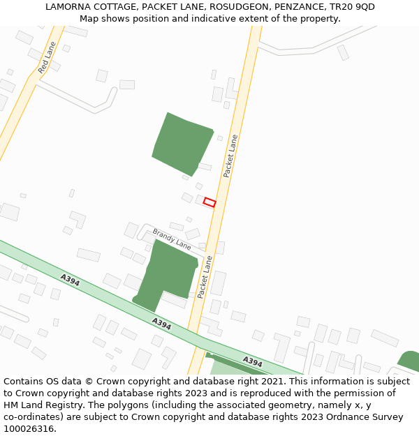 LAMORNA COTTAGE, PACKET LANE, ROSUDGEON, PENZANCE, TR20 9QD: Location map and indicative extent of plot