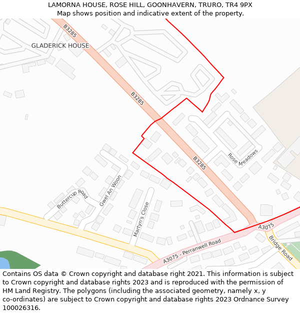 LAMORNA HOUSE, ROSE HILL, GOONHAVERN, TRURO, TR4 9PX: Location map and indicative extent of plot