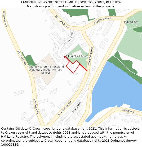 LANDOUR, NEWPORT STREET, MILLBROOK, TORPOINT, PL10 1BW: Location map and indicative extent of plot
