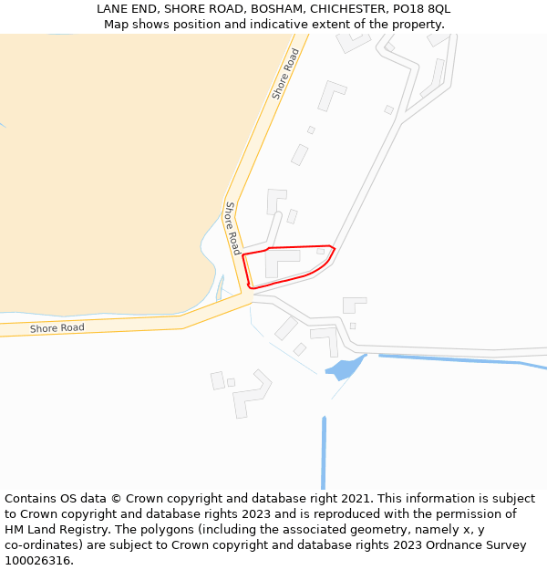 LANE END, SHORE ROAD, BOSHAM, CHICHESTER, PO18 8QL: Location map and indicative extent of plot