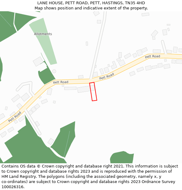 LANE HOUSE, PETT ROAD, PETT, HASTINGS, TN35 4HD: Location map and indicative extent of plot