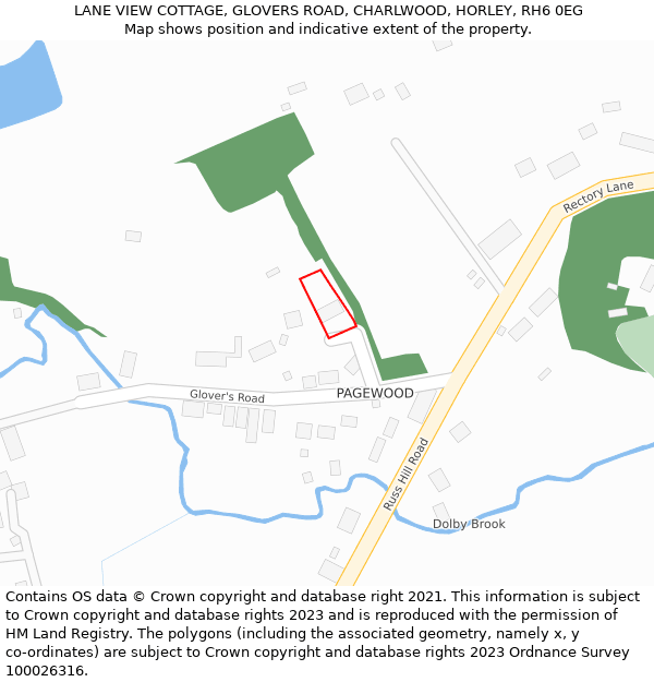 LANE VIEW COTTAGE, GLOVERS ROAD, CHARLWOOD, HORLEY, RH6 0EG: Location map and indicative extent of plot
