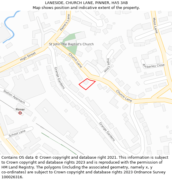 LANESIDE, CHURCH LANE, PINNER, HA5 3AB: Location map and indicative extent of plot