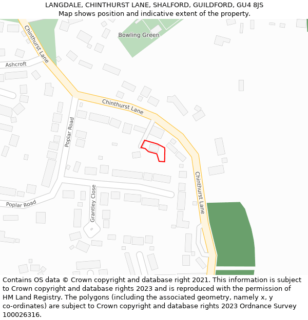 LANGDALE, CHINTHURST LANE, SHALFORD, GUILDFORD, GU4 8JS: Location map and indicative extent of plot