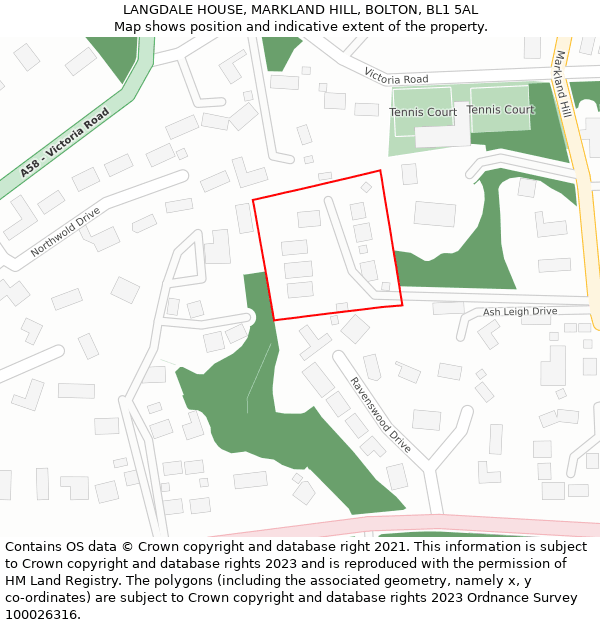 LANGDALE HOUSE, MARKLAND HILL, BOLTON, BL1 5AL: Location map and indicative extent of plot