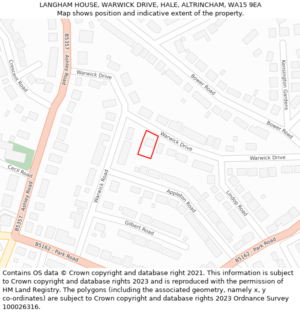 LANGHAM HOUSE, WARWICK DRIVE, HALE, ALTRINCHAM, WA15 9EA: Location map and indicative extent of plot