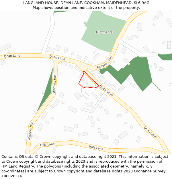 LANGLAND HOUSE, DEAN LANE, COOKHAM, MAIDENHEAD, SL6 9AG: Location map and indicative extent of plot