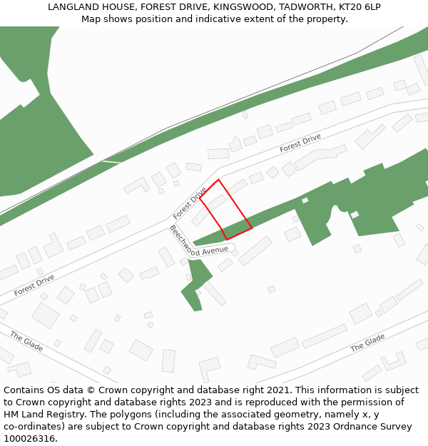 LANGLAND HOUSE, FOREST DRIVE, KINGSWOOD, TADWORTH, KT20 6LP: Location map and indicative extent of plot