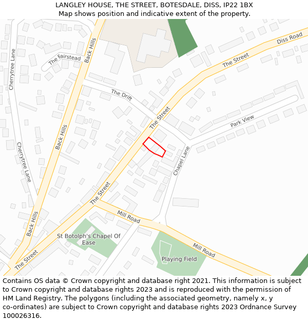 LANGLEY HOUSE, THE STREET, BOTESDALE, DISS, IP22 1BX: Location map and indicative extent of plot