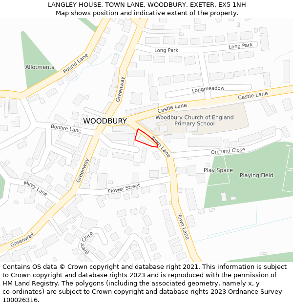 LANGLEY HOUSE, TOWN LANE, WOODBURY, EXETER, EX5 1NH: Location map and indicative extent of plot