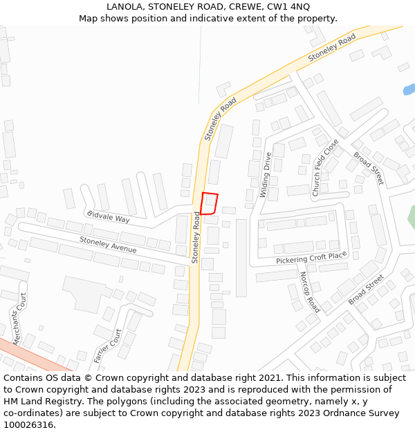 LANOLA, STONELEY ROAD, CREWE, CW1 4NQ: Location map and indicative extent of plot