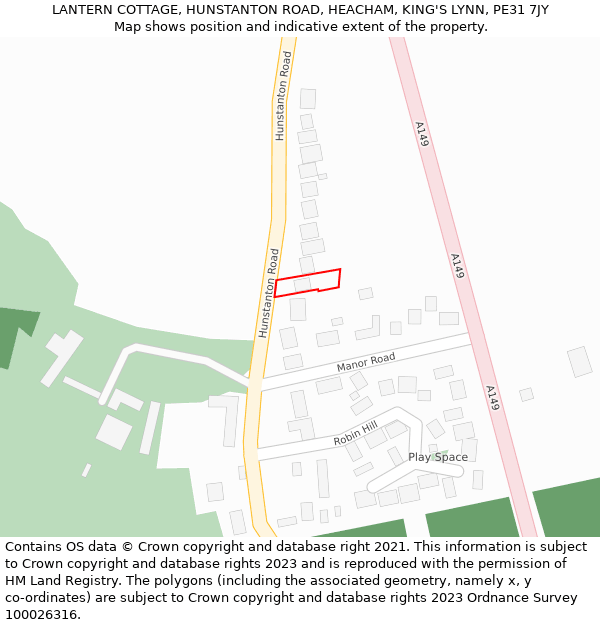 LANTERN COTTAGE, HUNSTANTON ROAD, HEACHAM, KING'S LYNN, PE31 7JY: Location map and indicative extent of plot