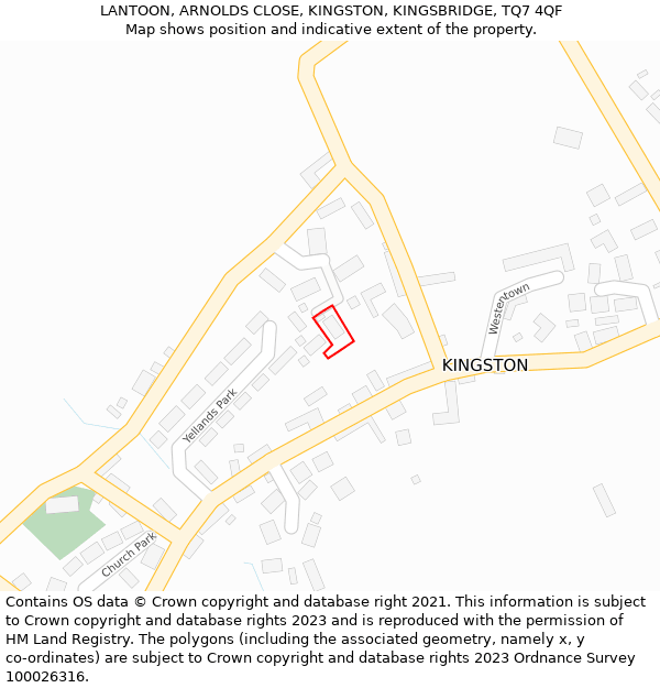 LANTOON, ARNOLDS CLOSE, KINGSTON, KINGSBRIDGE, TQ7 4QF: Location map and indicative extent of plot