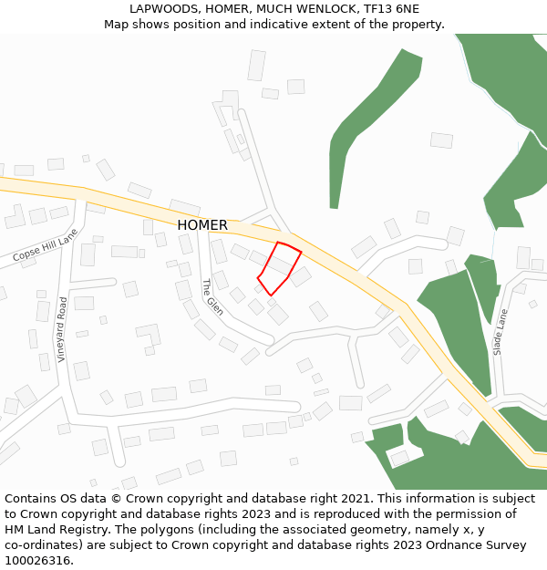 LAPWOODS, HOMER, MUCH WENLOCK, TF13 6NE: Location map and indicative extent of plot