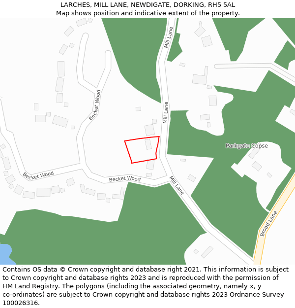 LARCHES, MILL LANE, NEWDIGATE, DORKING, RH5 5AL: Location map and indicative extent of plot