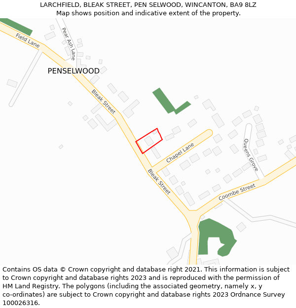 LARCHFIELD, BLEAK STREET, PEN SELWOOD, WINCANTON, BA9 8LZ: Location map and indicative extent of plot