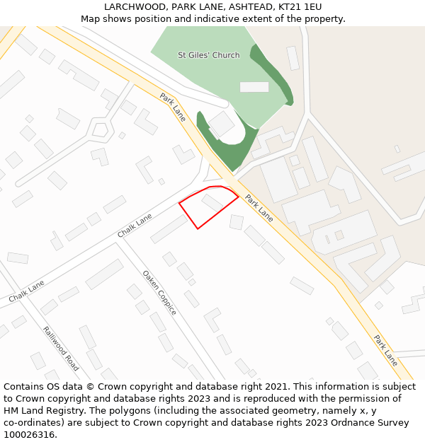LARCHWOOD, PARK LANE, ASHTEAD, KT21 1EU: Location map and indicative extent of plot